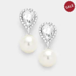 Miro Pearl & Clear Crystal Teardrop Silver Earrings