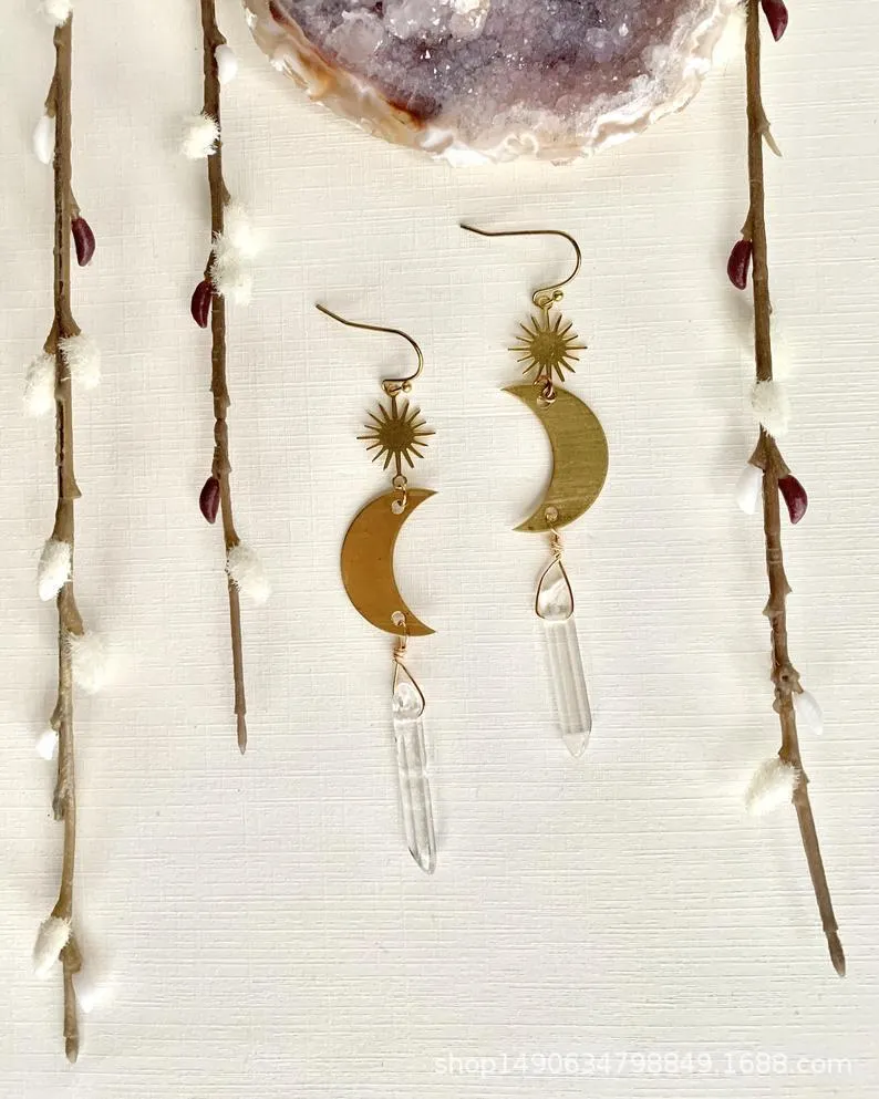 Natural Crystal Moon Earrings