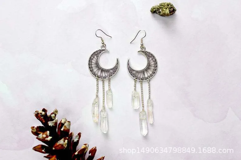 Natural Crystal Moon Earrings