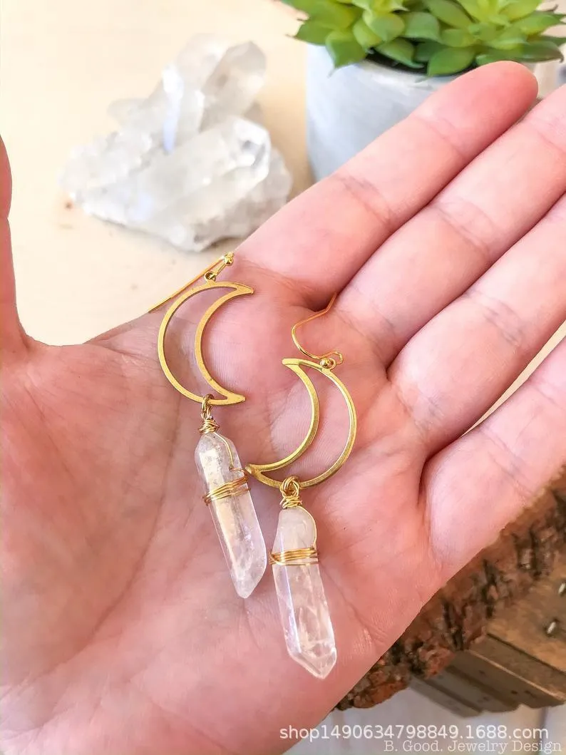 Natural Crystal Moon Earrings