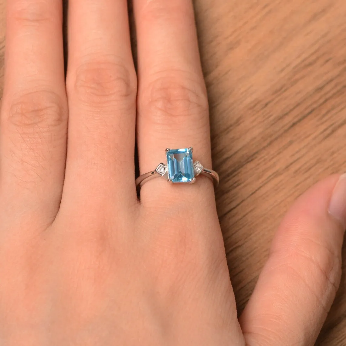 Natural Emerald Cut Swiss Blue Topaz Simple Promise Ring - 925 Sterling Silver Ring