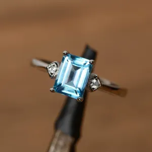 Natural Emerald Cut Swiss Blue Topaz Simple Promise Ring - 925 Sterling Silver Ring