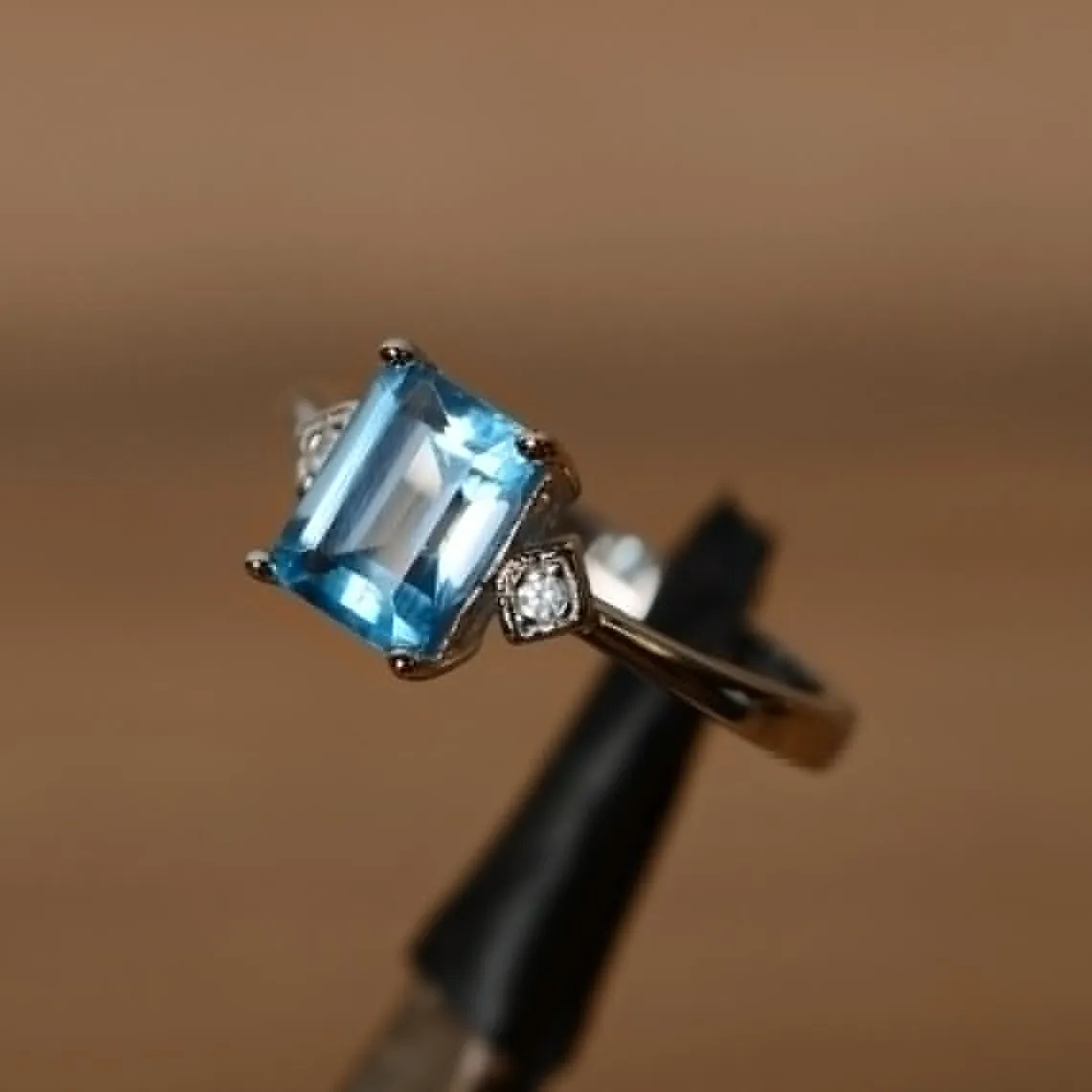 Natural Emerald Cut Swiss Blue Topaz Simple Promise Ring - 925 Sterling Silver Ring