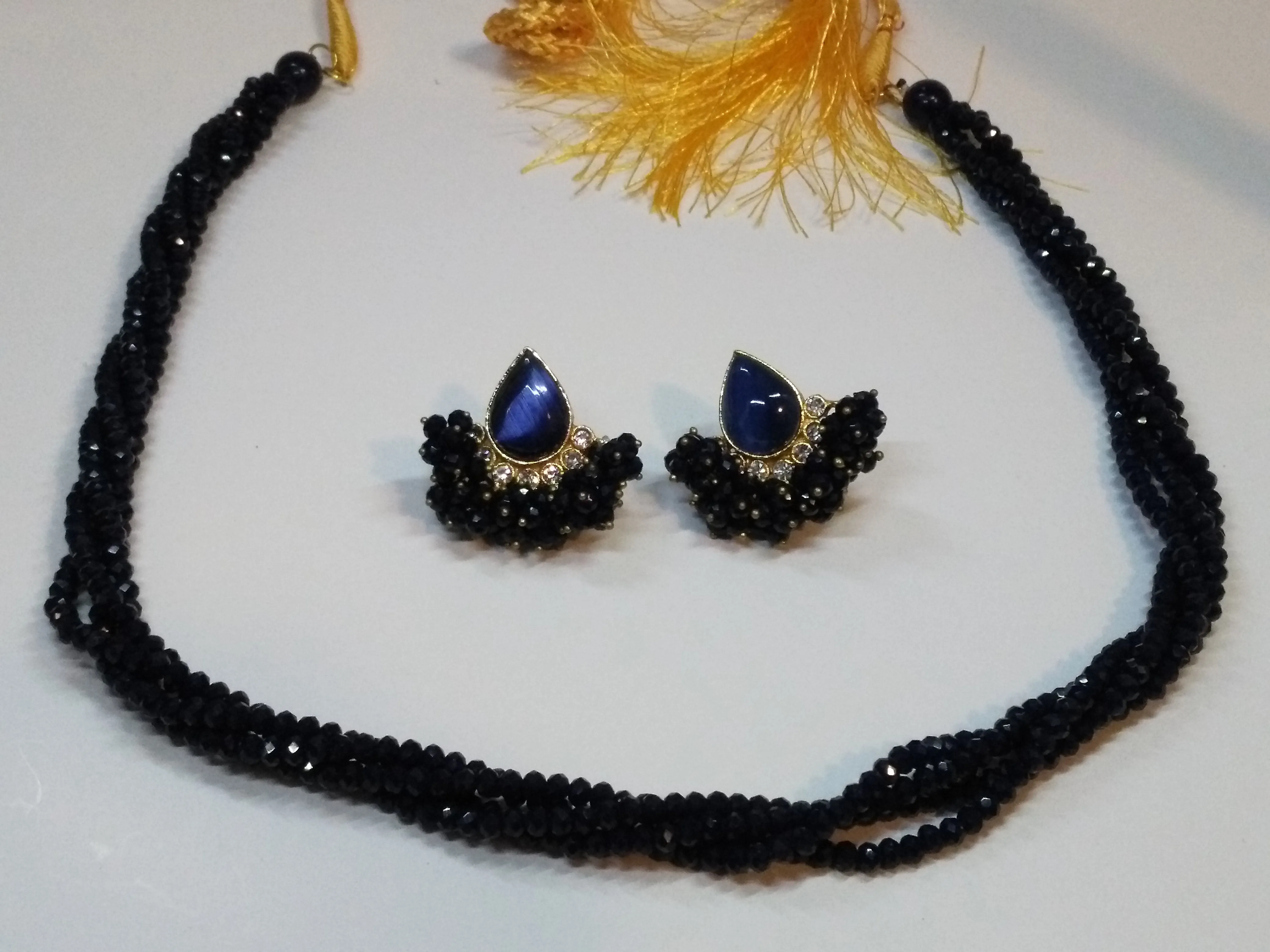 Navy Blue colored crystal pearls beads necklace & earrings set