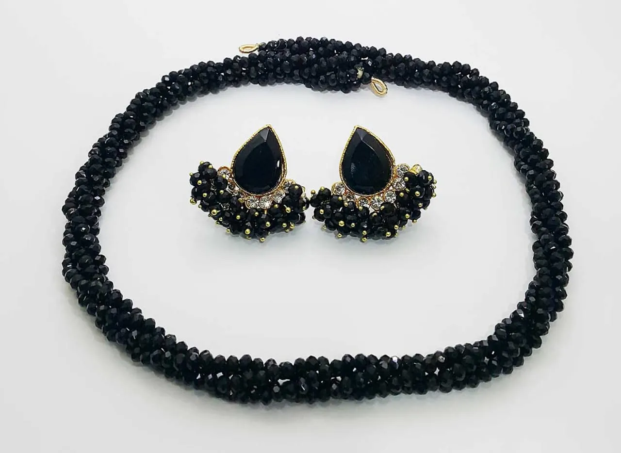 Navy Blue colored crystal pearls beads necklace & earrings set