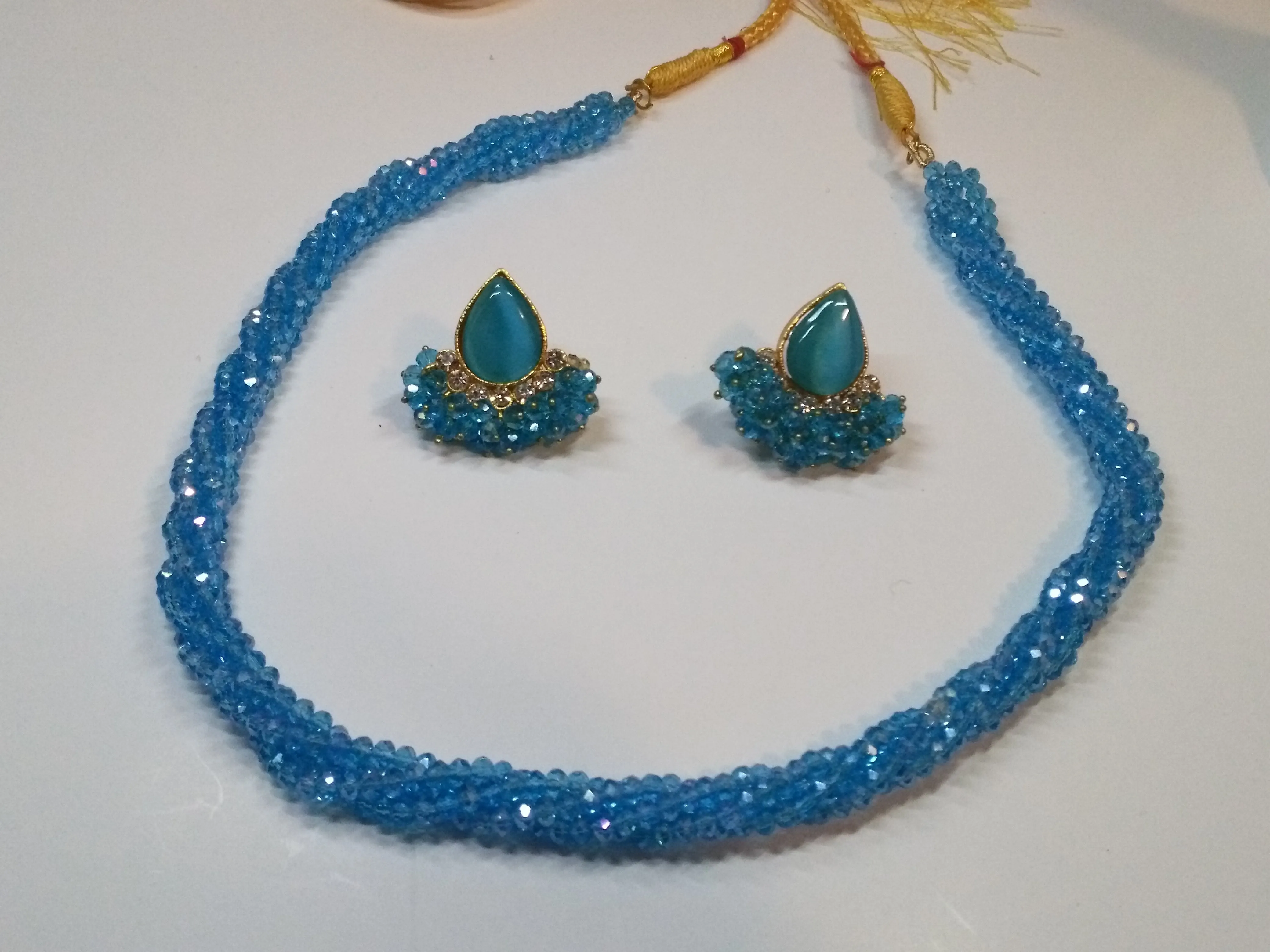 Navy Blue colored crystal pearls beads necklace & earrings set