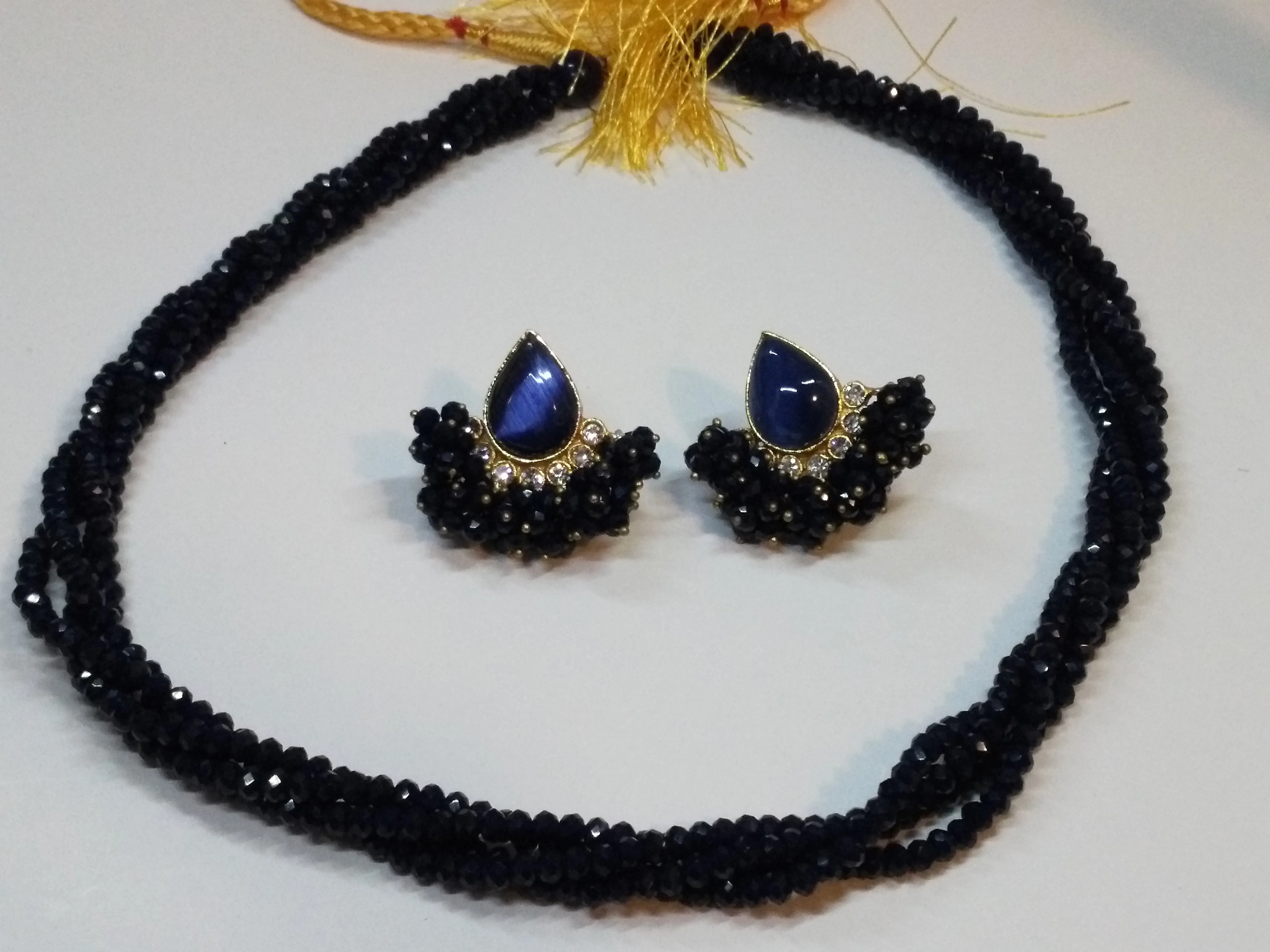 Navy Blue colored crystal pearls beads necklace & earrings set