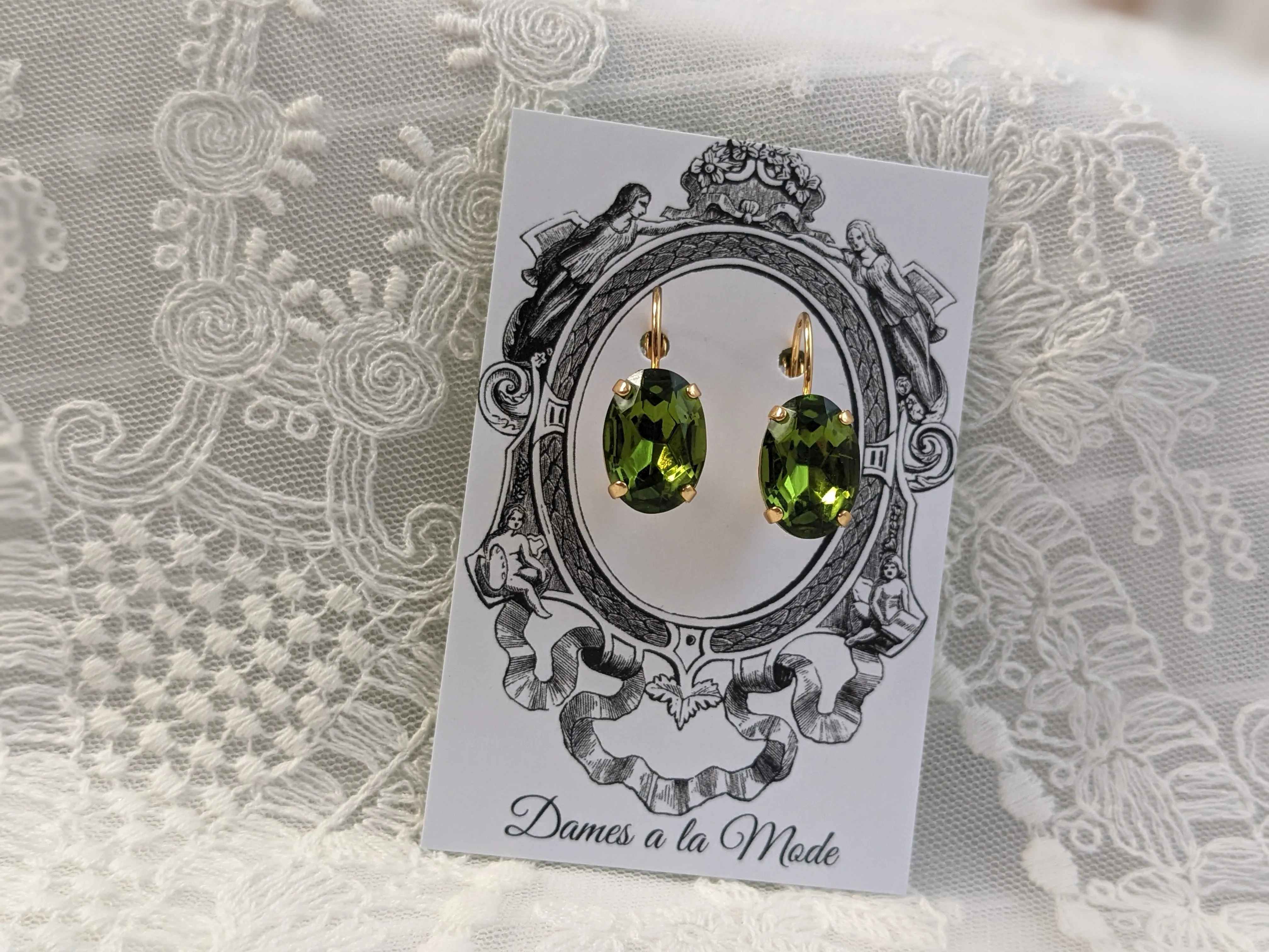 Olive Green Crystal Earrings - Medium Oval