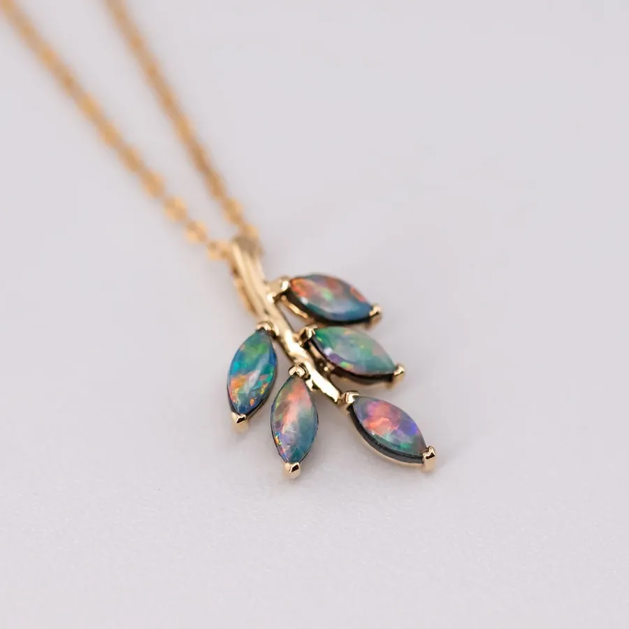 Olive Leaf Design Australian Doublet Opal Pendant Necklace 18K Yellow Gold