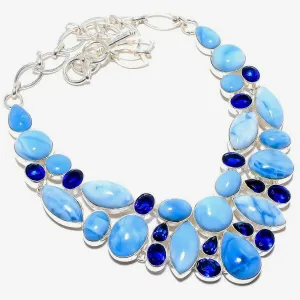 Opal and Sapphire Blue Gemstones Sterling Silver Statement Necklace