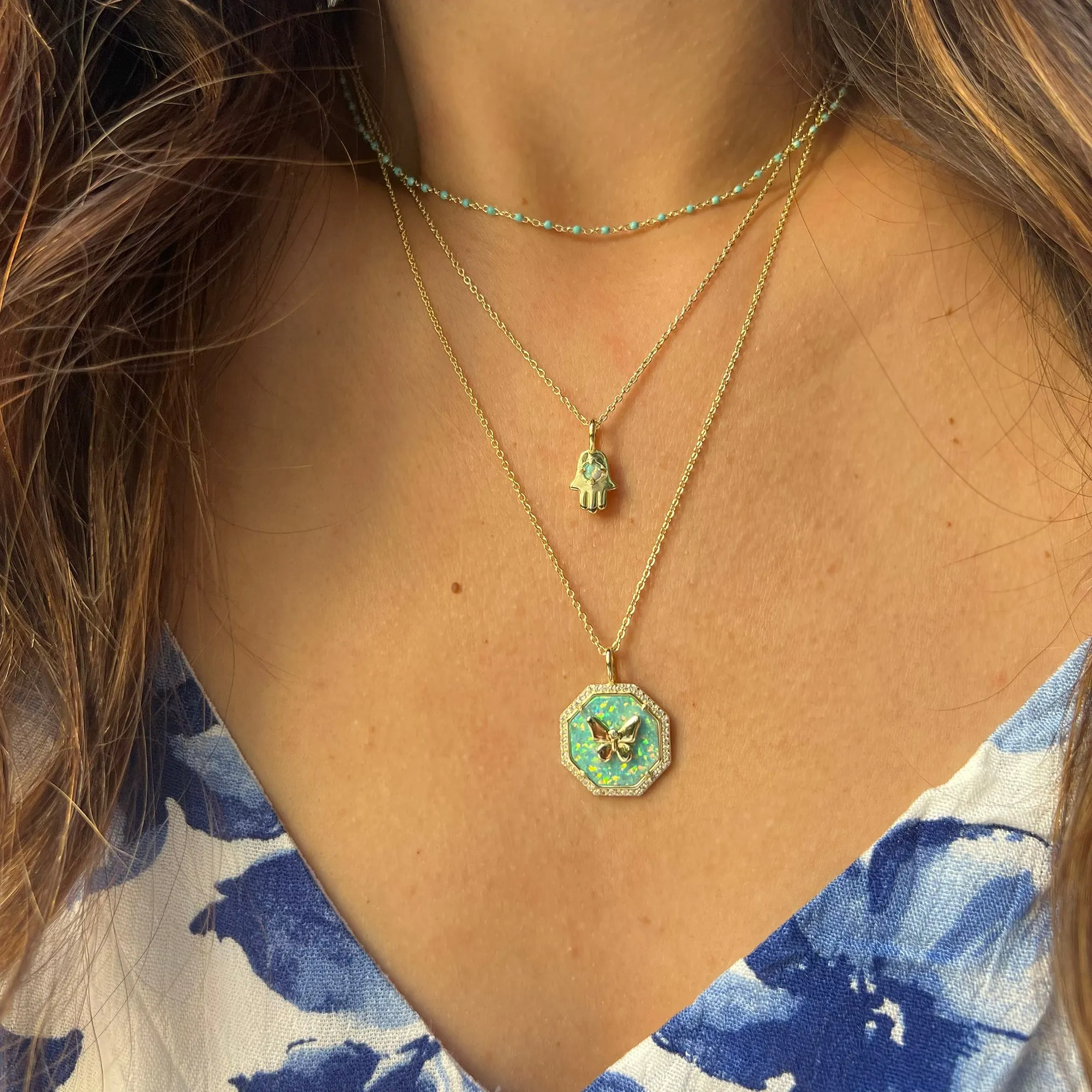 Opal Hamsa Charm Necklace