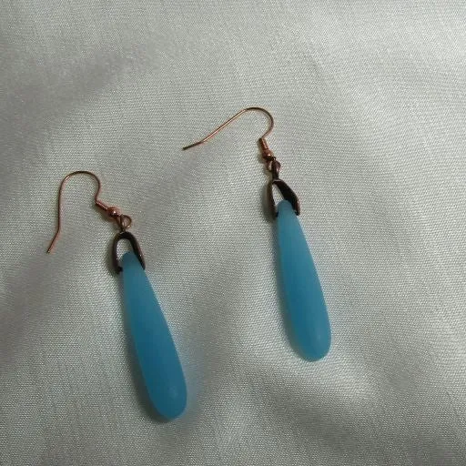 Opaque Blue Opal Sea Glass Teardrop Dangle  Earrings