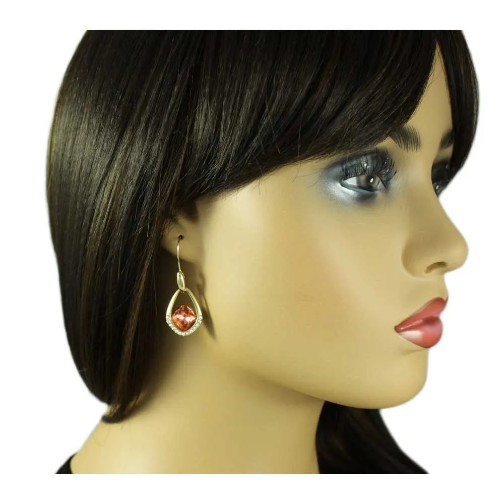 Open Teardrop with Orange Crystal Dangling Pierced Earring - REC406