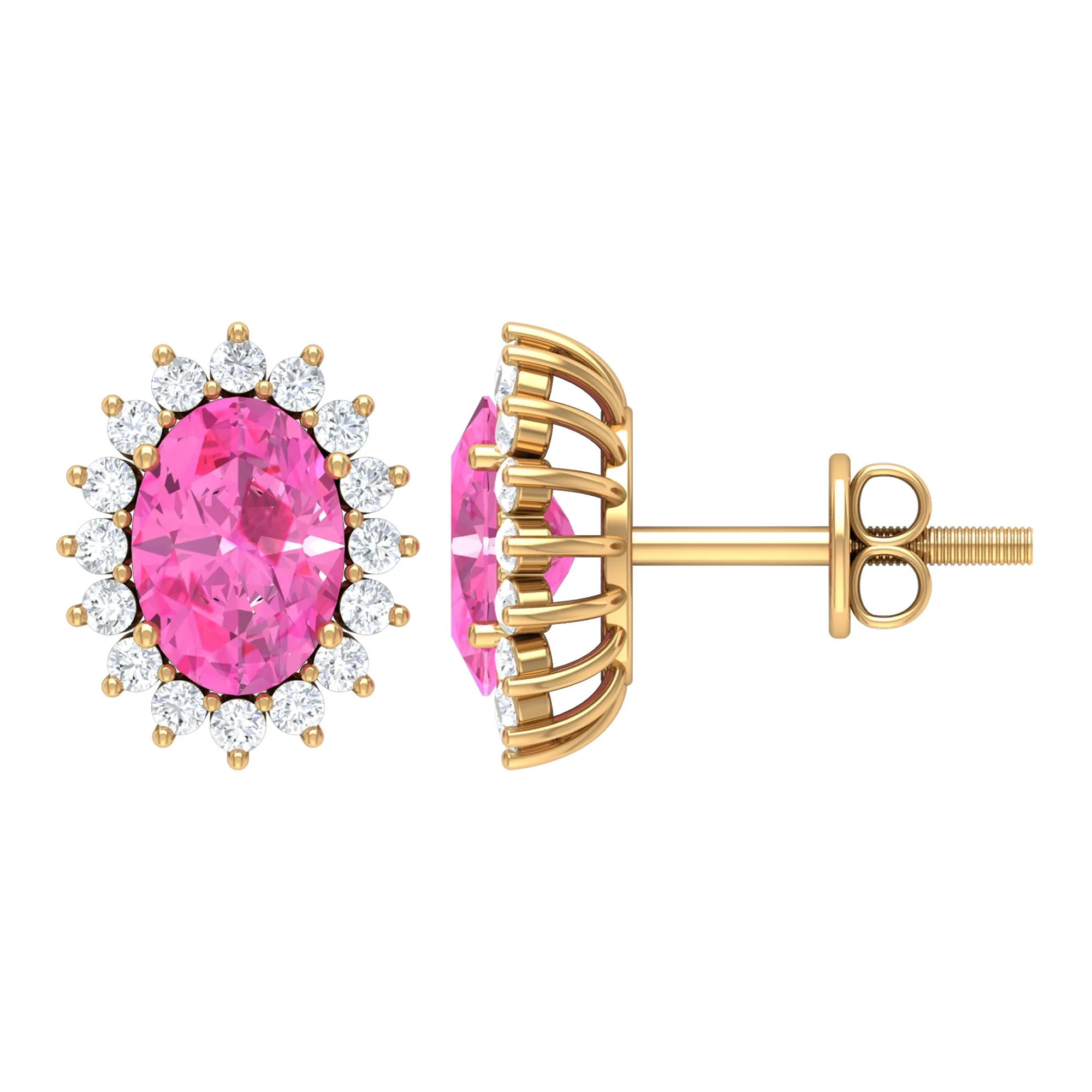 Oval Cut Pink Sapphire and Diamond Halo Stud Earrings