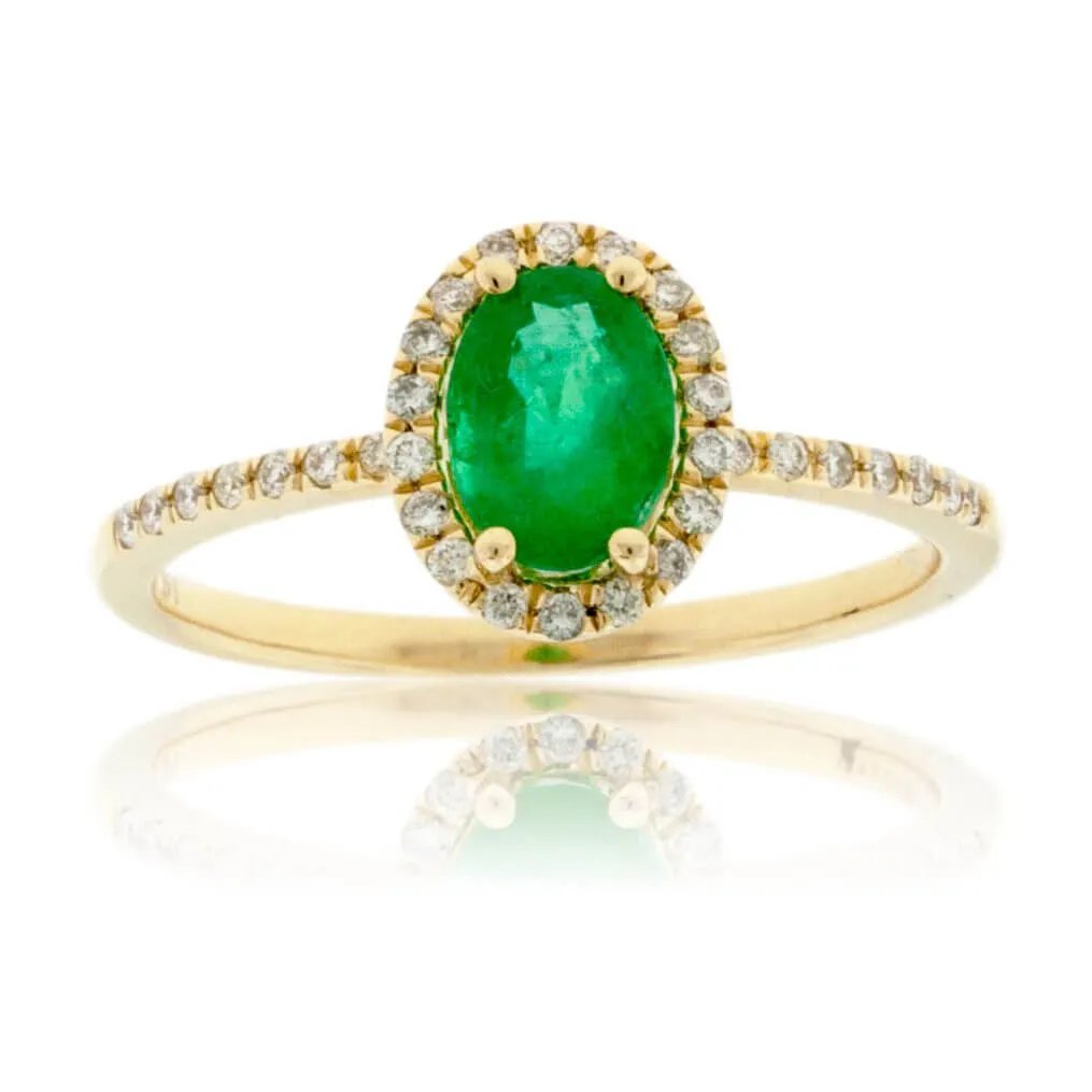 Oval Green Emerald & Diamond Halo Style Yellow Gold Ring