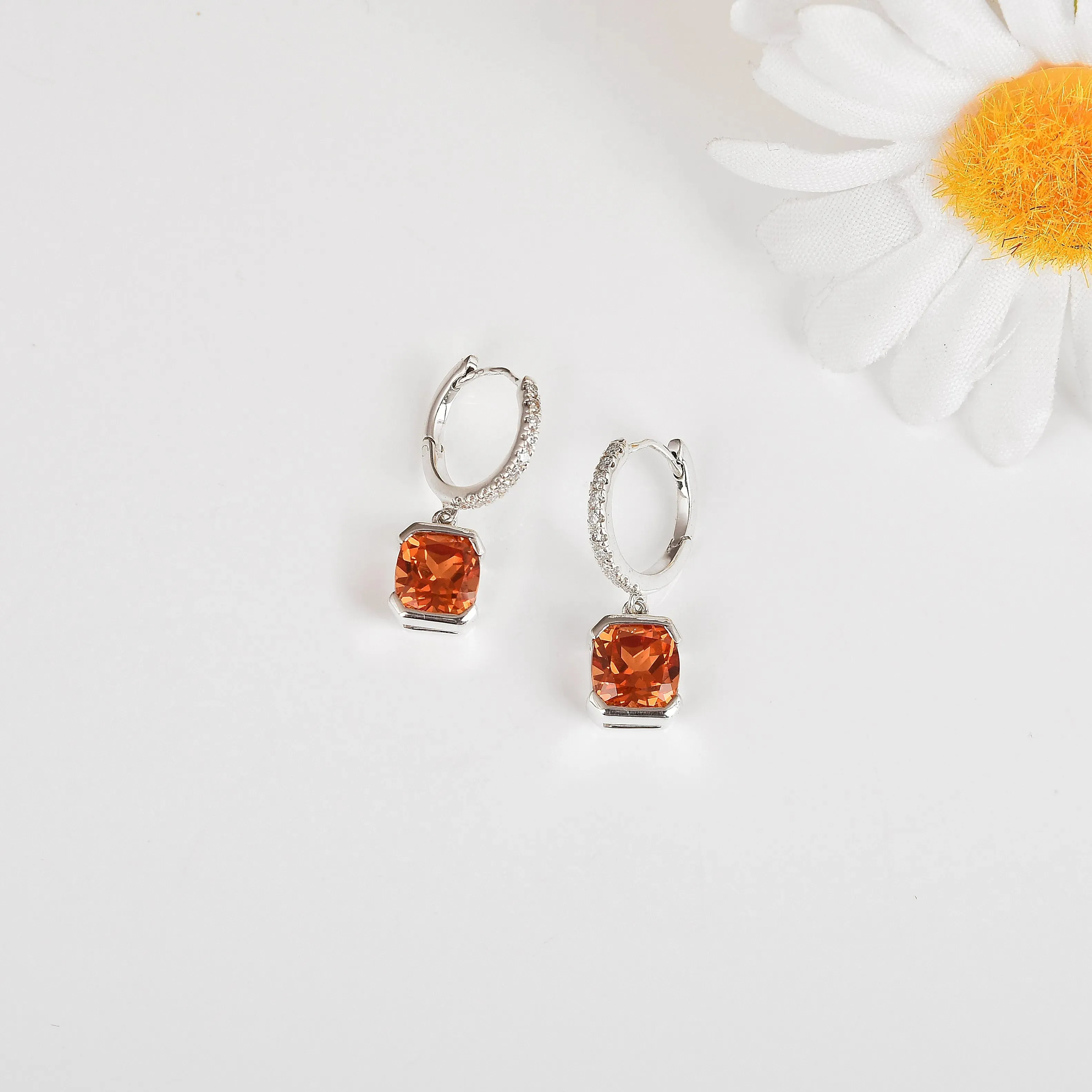 Peach Sapphire Drop Hoop Earrings