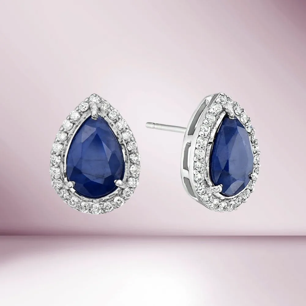 Pear Shape Blue Sapphire With Halo Diamond Studs Earrings (1.20 ct.) in 14K Gold