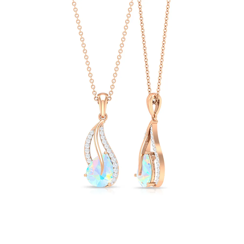 Pear Shaped Ethiopian Opal and Diamond Leaf Pendant Necklace