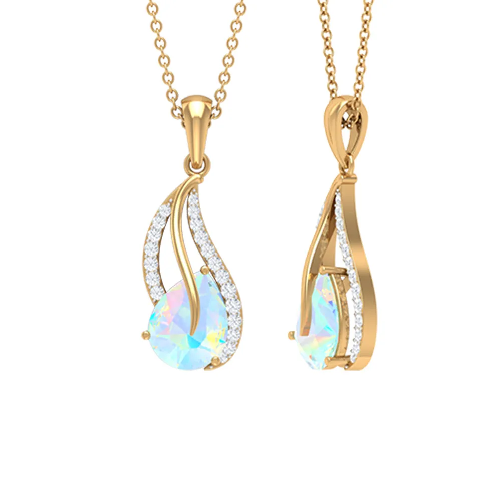 Pear Shaped Ethiopian Opal and Diamond Leaf Pendant Necklace