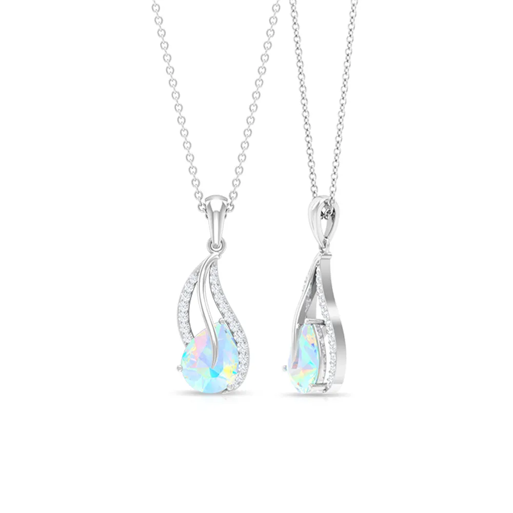 Pear Shaped Ethiopian Opal and Diamond Leaf Pendant Necklace