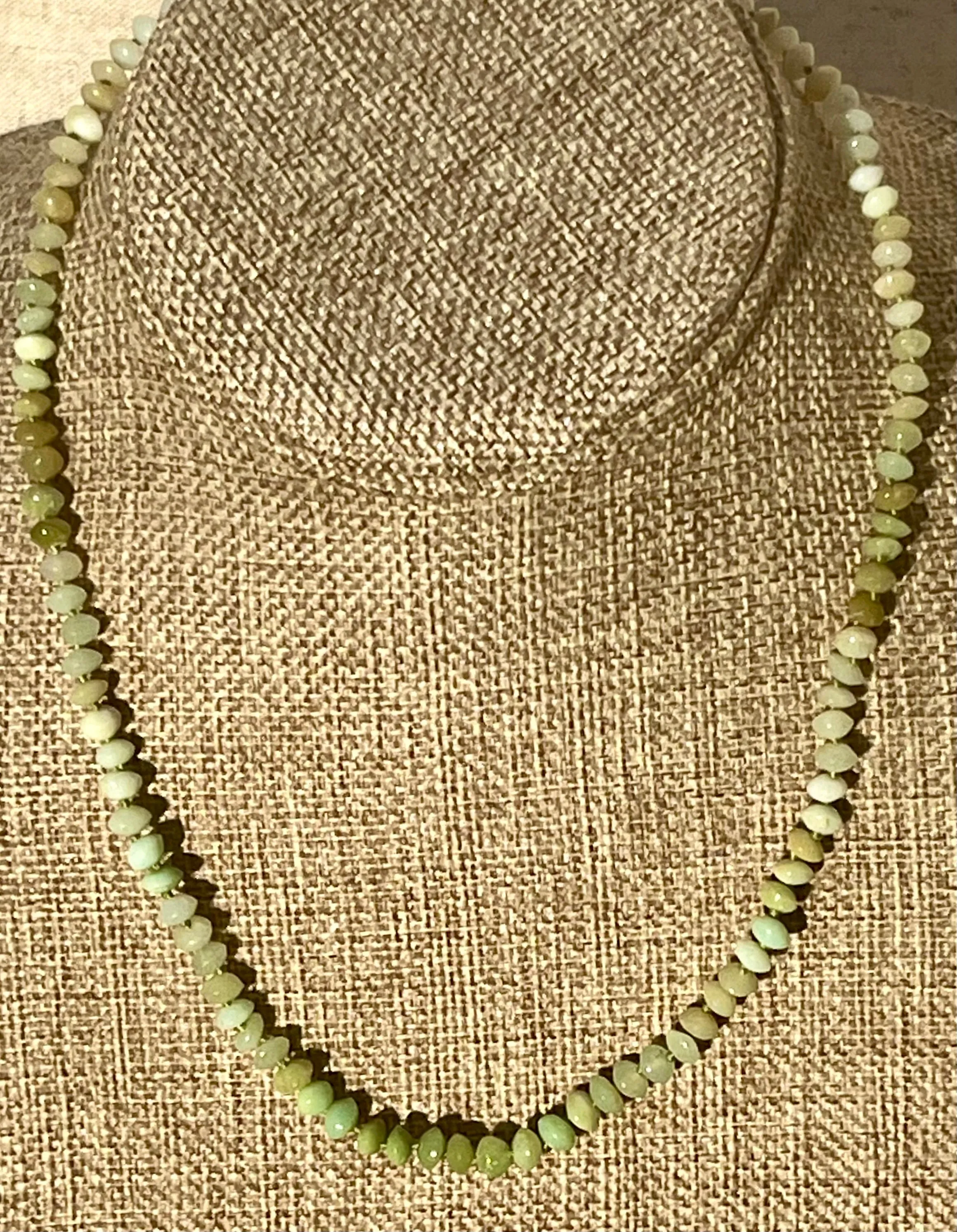 Peruvian green opal gemstone necklace hand knotted with emerald silk 14K yellow gold clasp