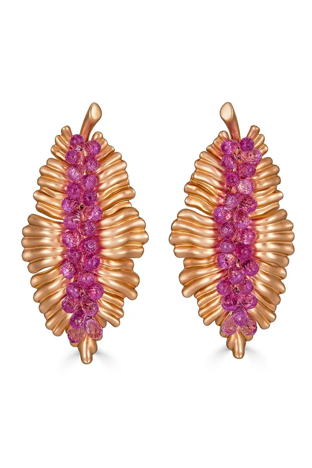 Pink Sapphire Briolette Leaf Earrings