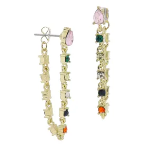 Pink Teardrop Crystal Post & Rainbow Crystal Wrap Chain Earrings