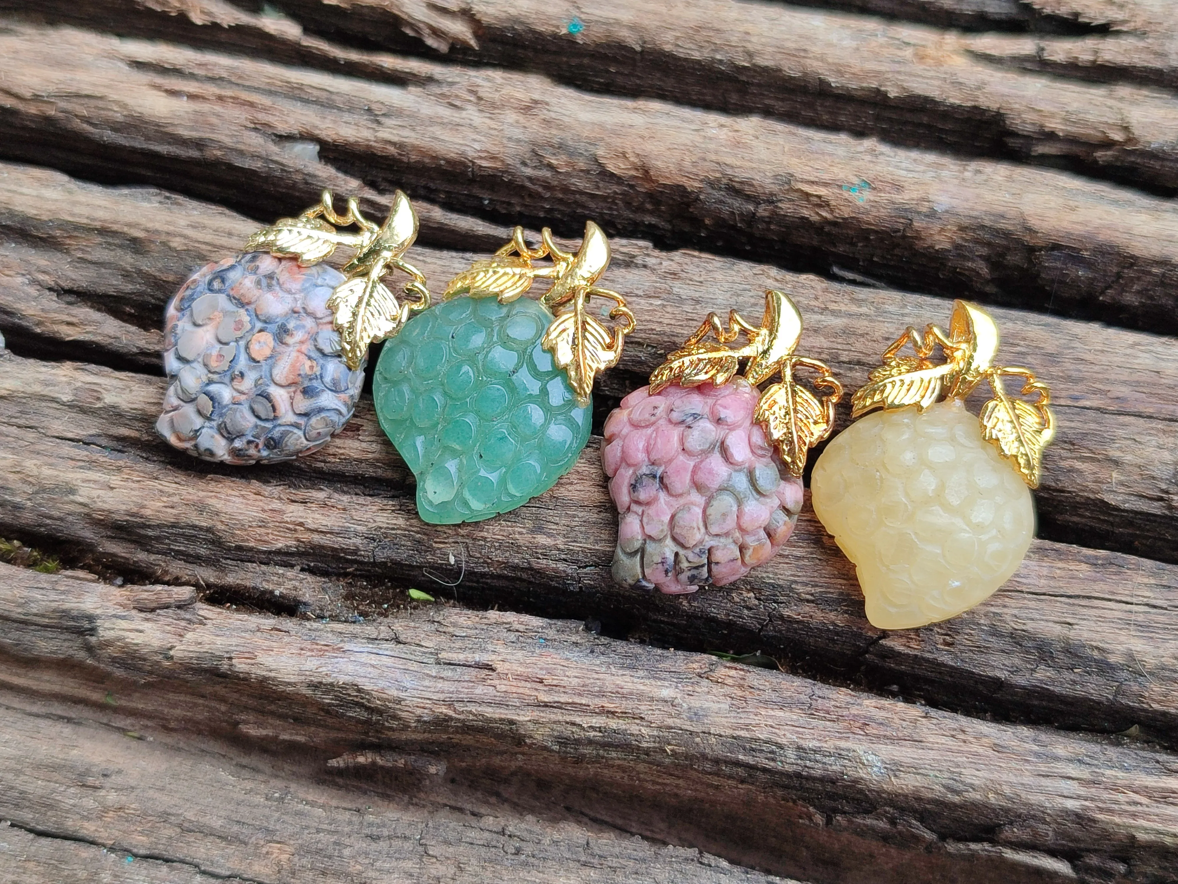 Polished Mixed Box Set of 12 Gemstone Strawberry Pendants with Gold Leaf Clasp - Sold Per Box - From World