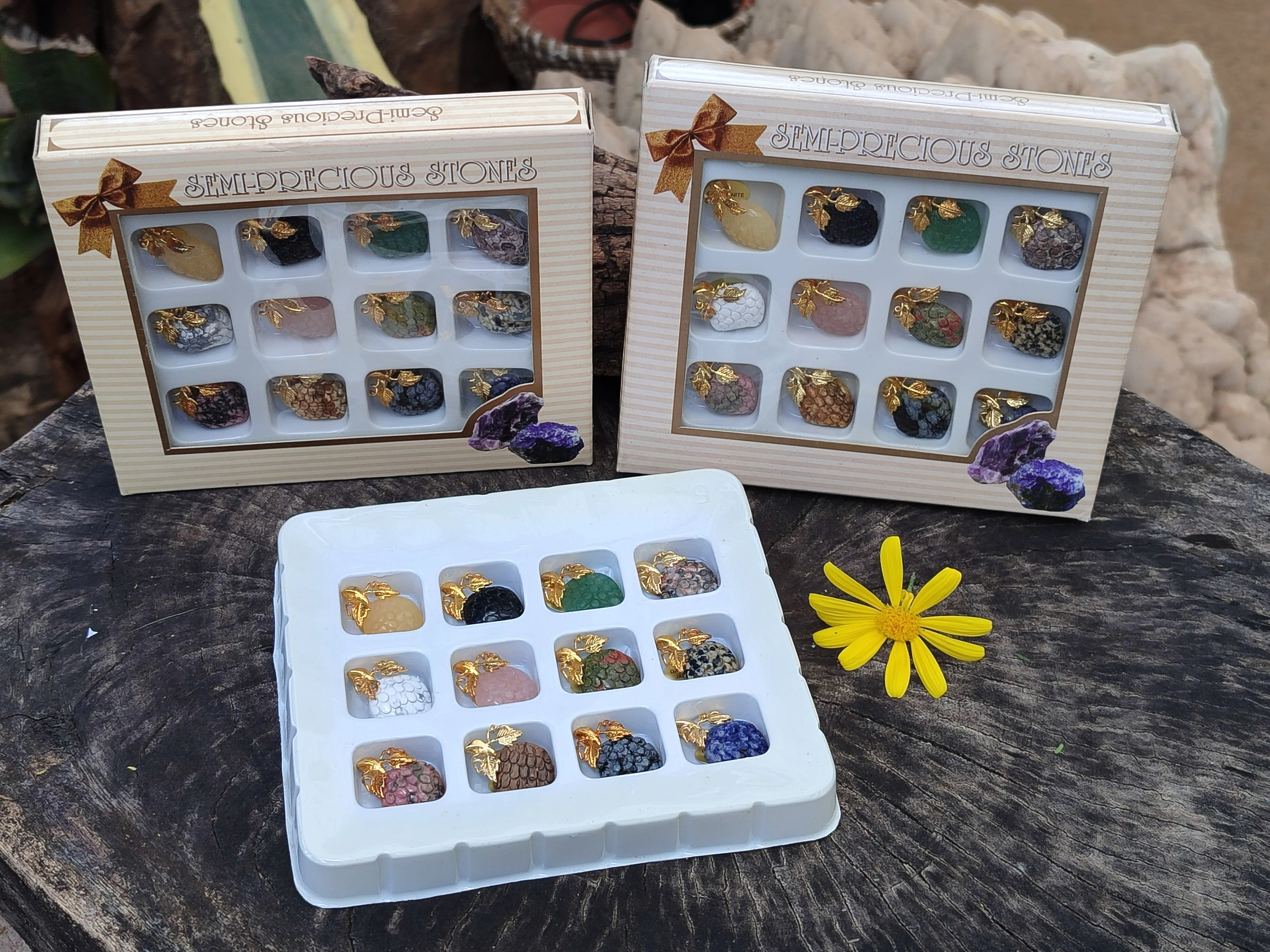 Polished Mixed Box Set of 12 Gemstone Strawberry Pendants with Gold Leaf Clasp - Sold Per Box - From World