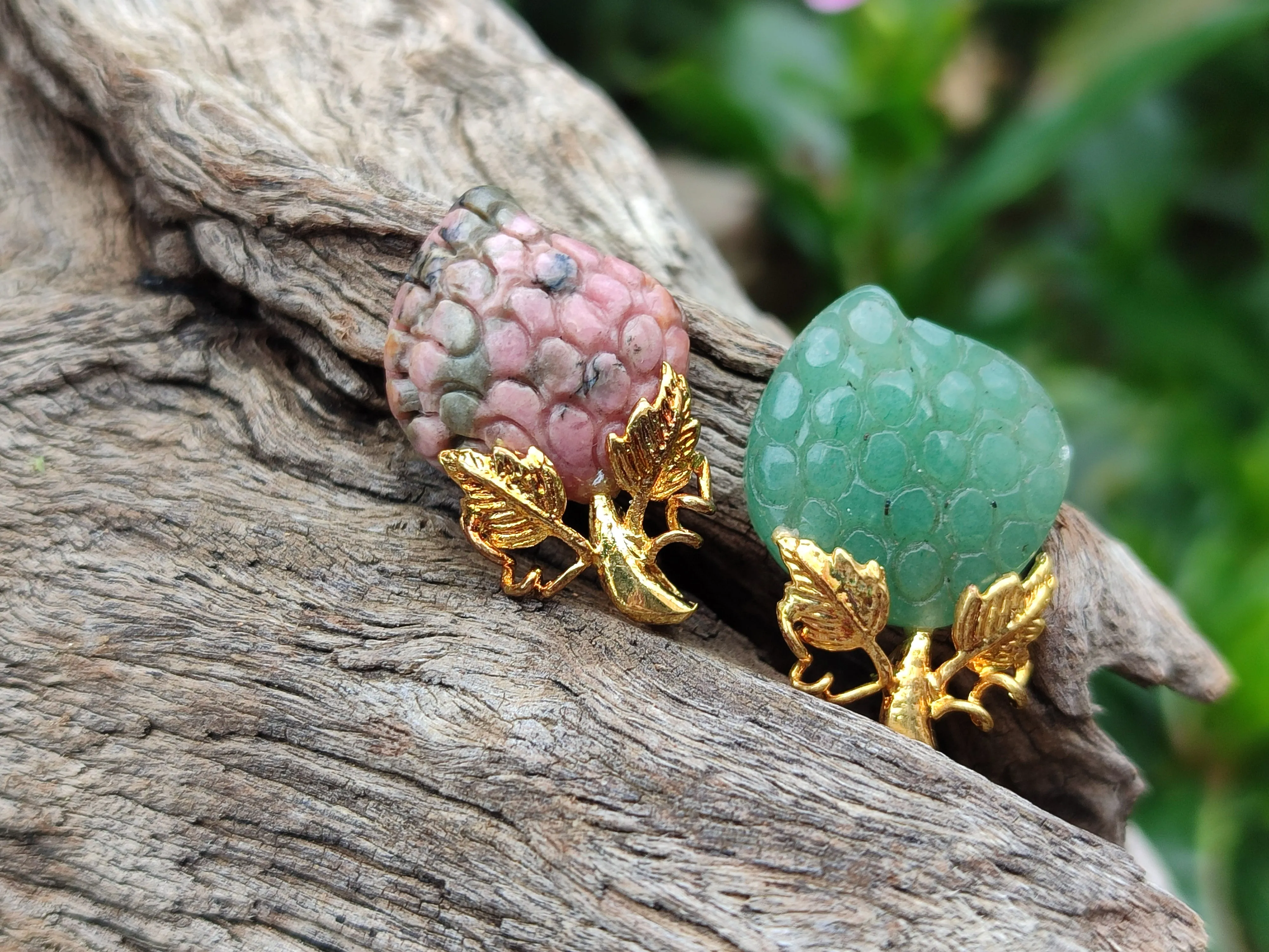 Polished Mixed Box Set of 12 Gemstone Strawberry Pendants with Gold Leaf Clasp - Sold Per Box - From World