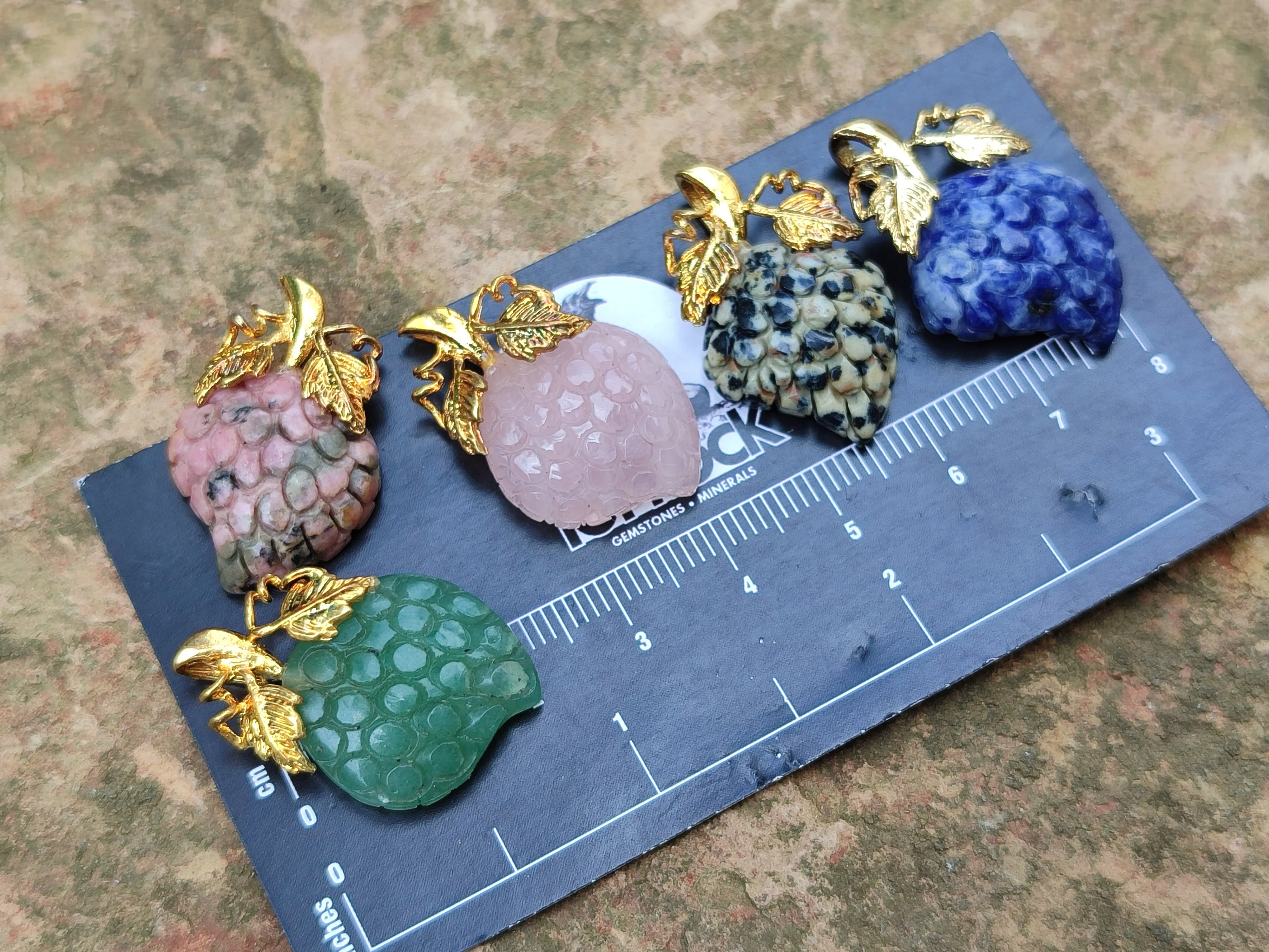 Polished Mixed Box Set of 12 Gemstone Strawberry Pendants with Gold Leaf Clasp - Sold Per Box - From World