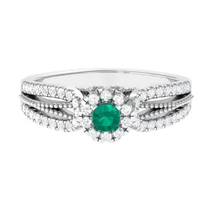 Real Emerald and Diamond Designer Engagement Ring in Split Shank