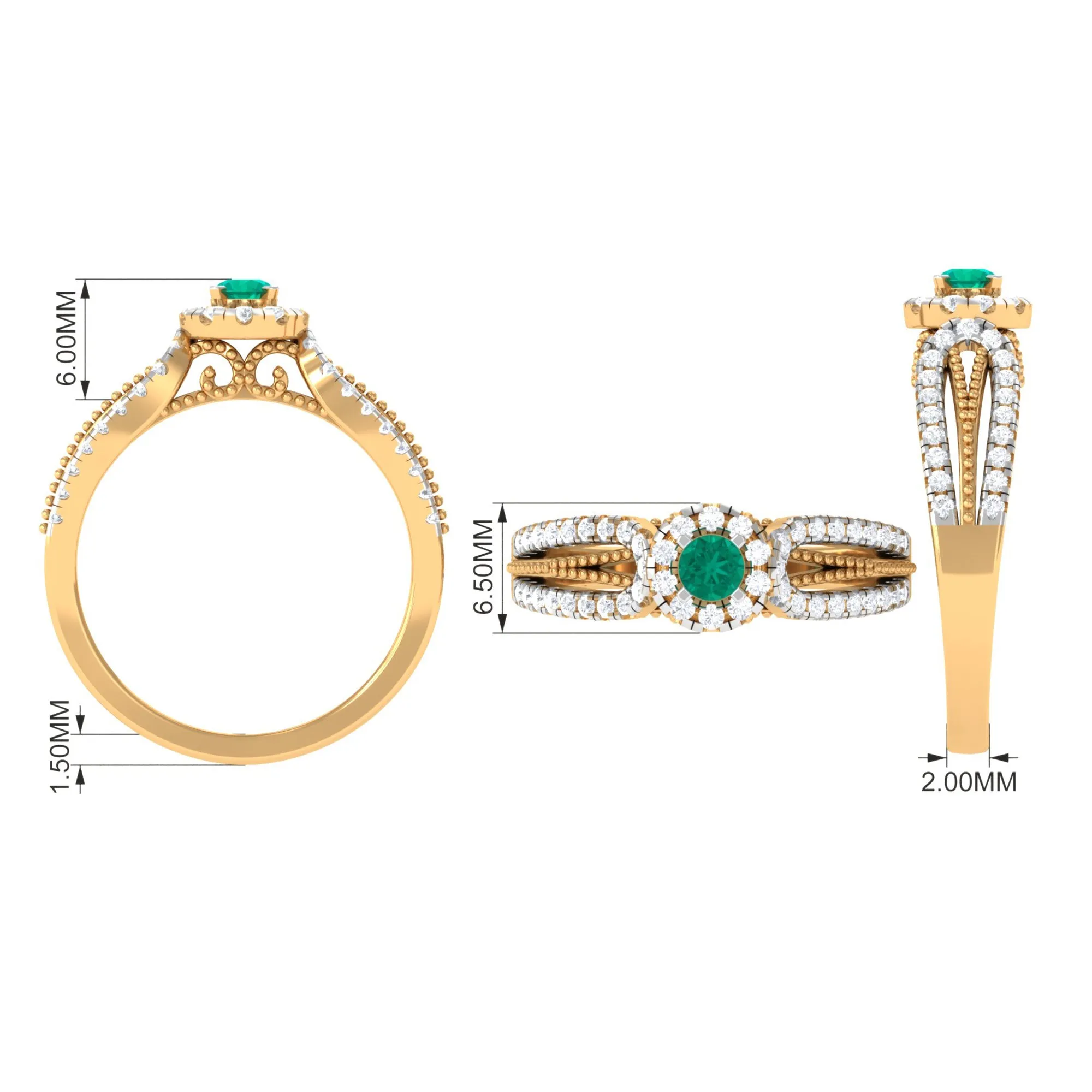 Real Emerald and Diamond Designer Engagement Ring in Split Shank