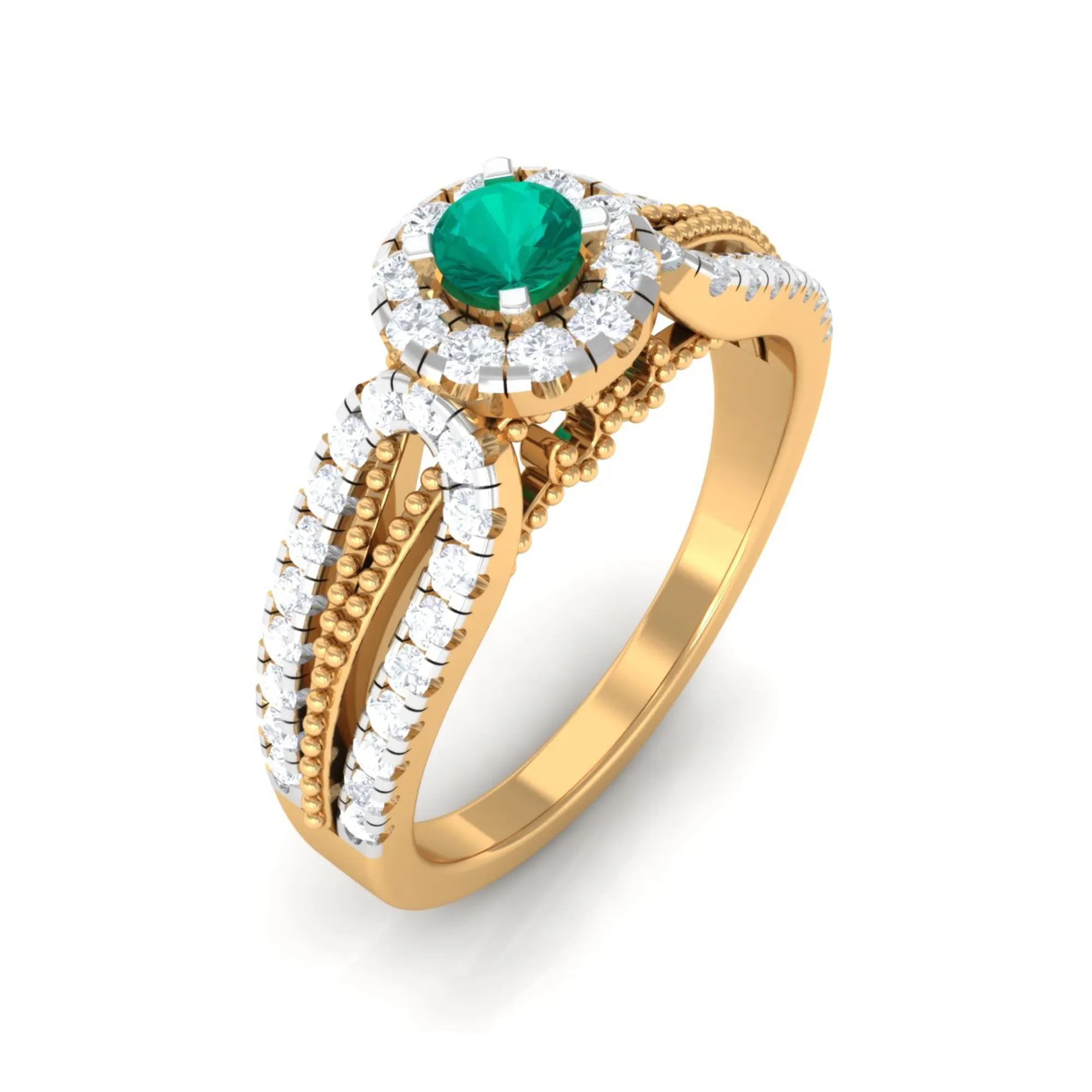 Real Emerald and Diamond Designer Engagement Ring in Split Shank