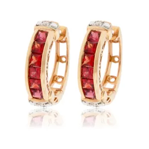 Red Sapphire & Diamond Huggie Hoop Earrings