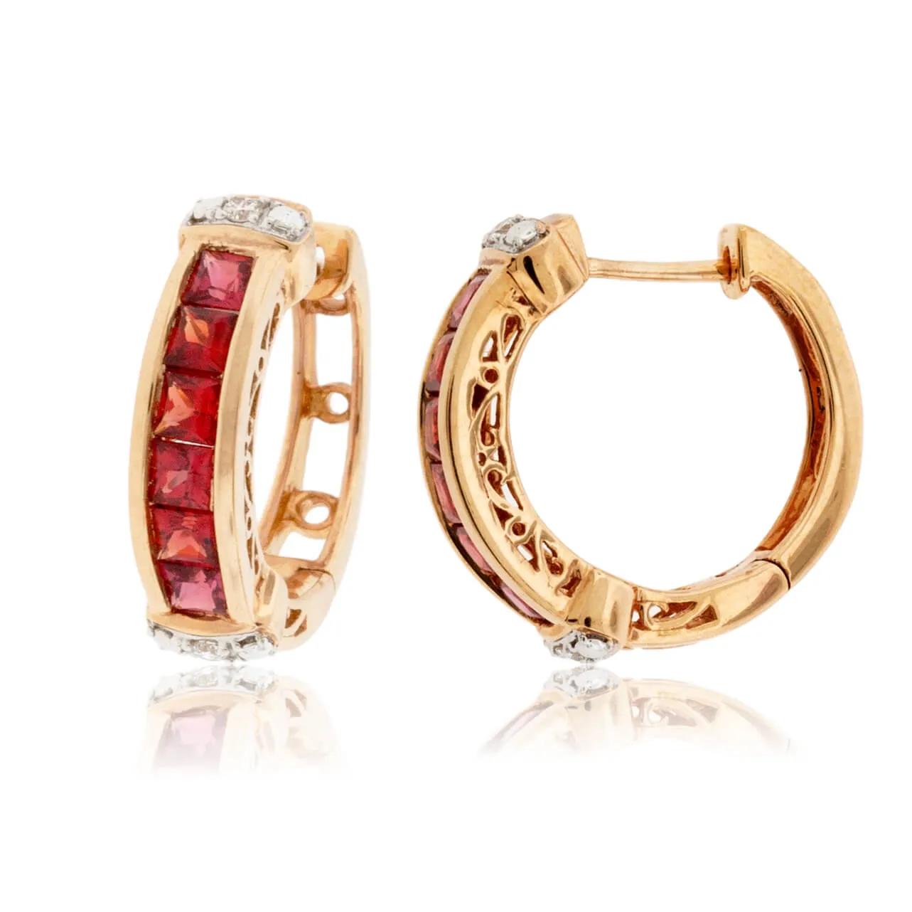 Red Sapphire & Diamond Huggie Hoop Earrings