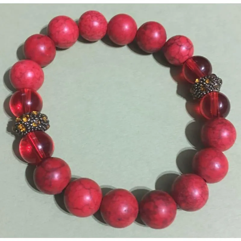 Red Turquoise bead with yellow and  gold rhinestone beaded women's bracelets