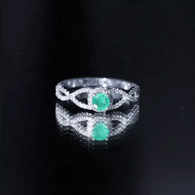 Round Emerald Crisscross Engagement Ring with Diamond Halo