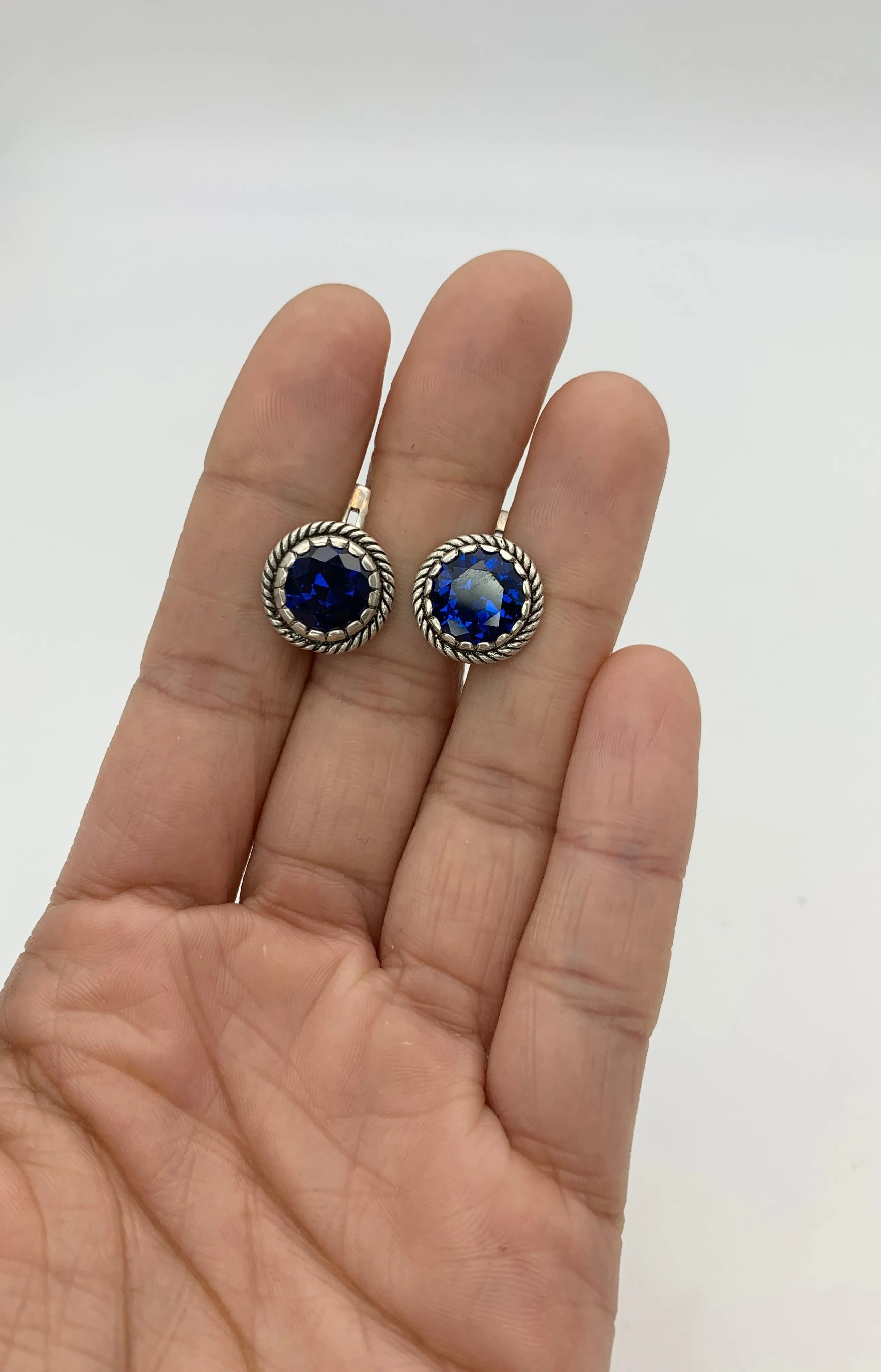 Round Sapphire Earrings - Blue Vintage Earrings - September Birthstone Studs