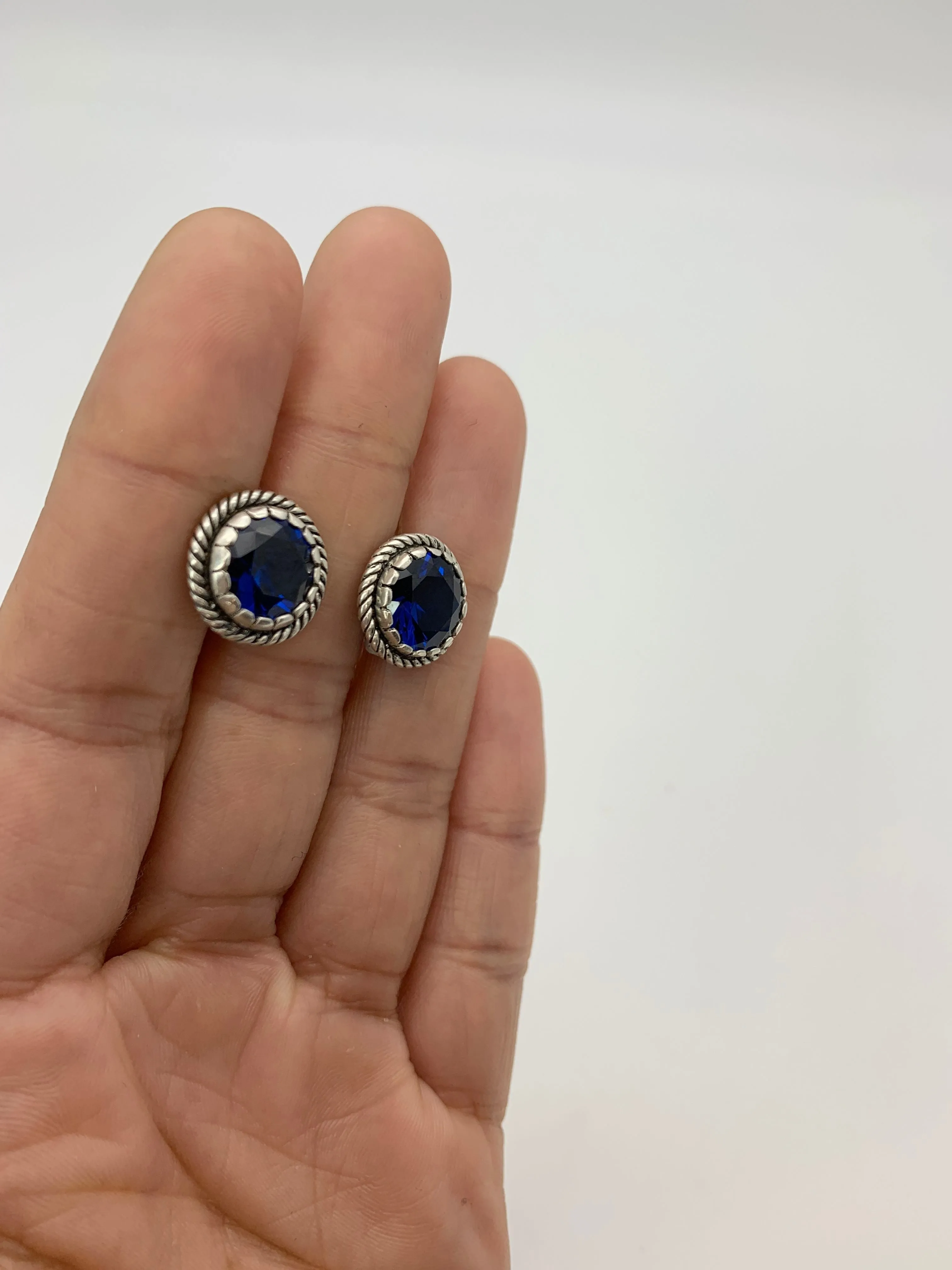 Round Sapphire Earrings - Blue Vintage Earrings - September Birthstone Studs