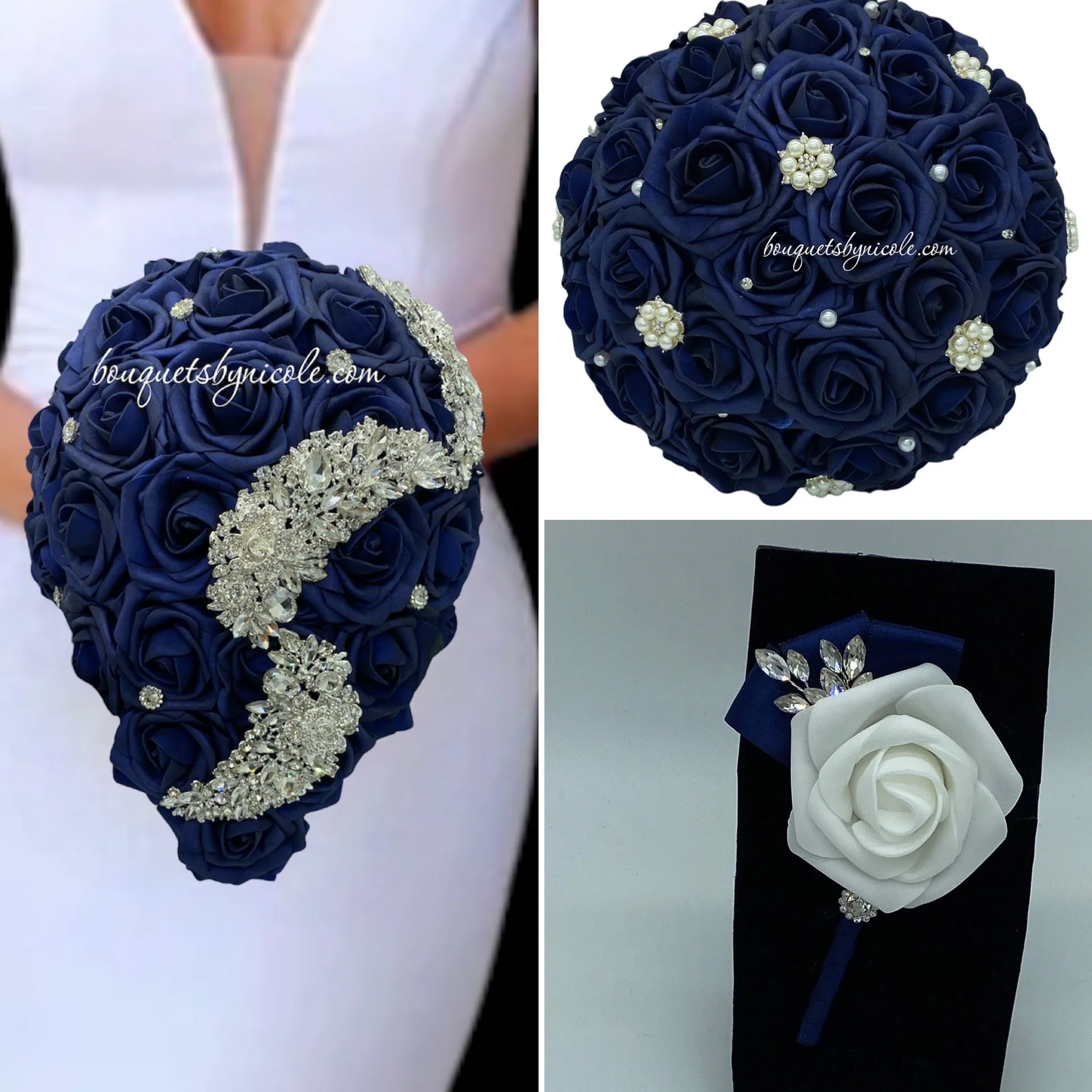 RT04 ~ Navy Real Touch Foam Roses Brooch Bouquet