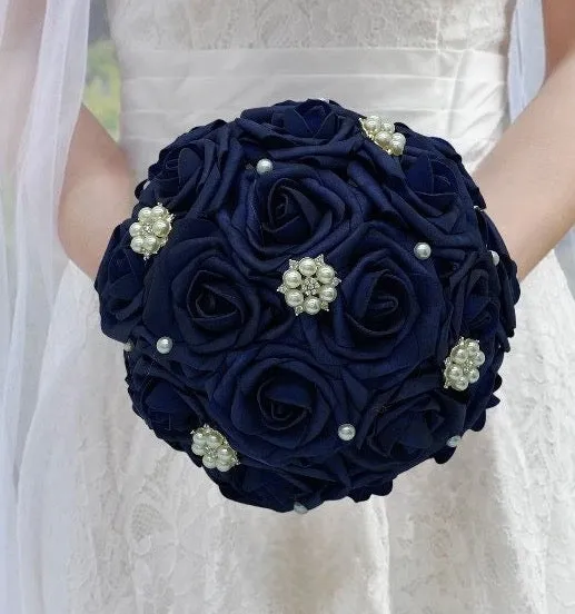 RT04 ~ Navy Real Touch Foam Roses Brooch Bouquet