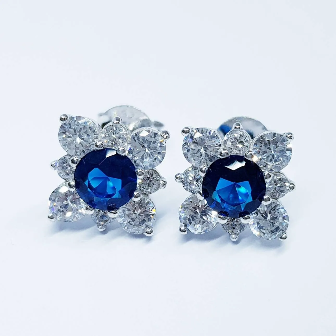 Sapphire blue earrings, sapphire stud earrings, september birthstone, vintage earrings, diamond halo earrings, square earrings