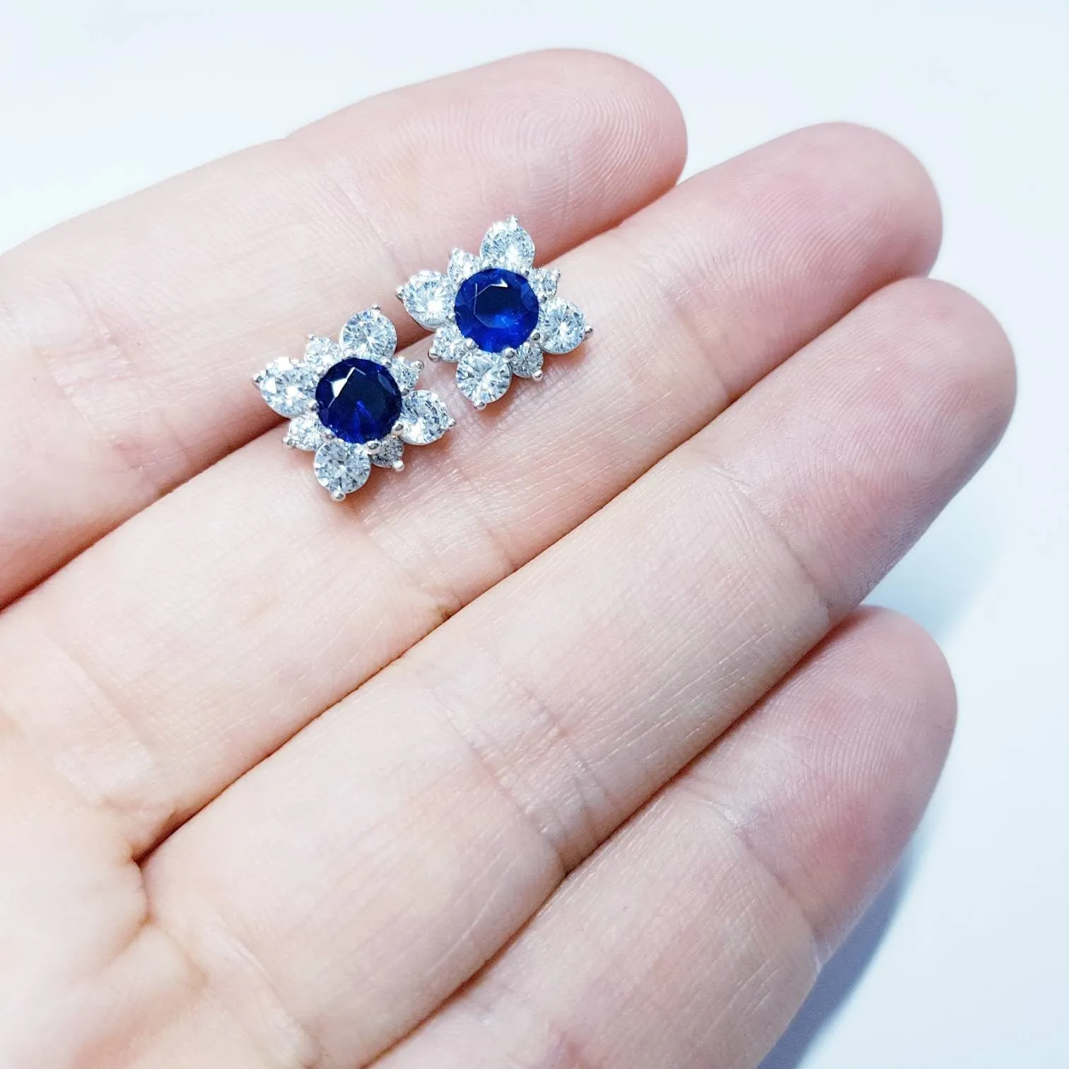 Sapphire blue earrings, sapphire stud earrings, september birthstone, vintage earrings, diamond halo earrings, square earrings