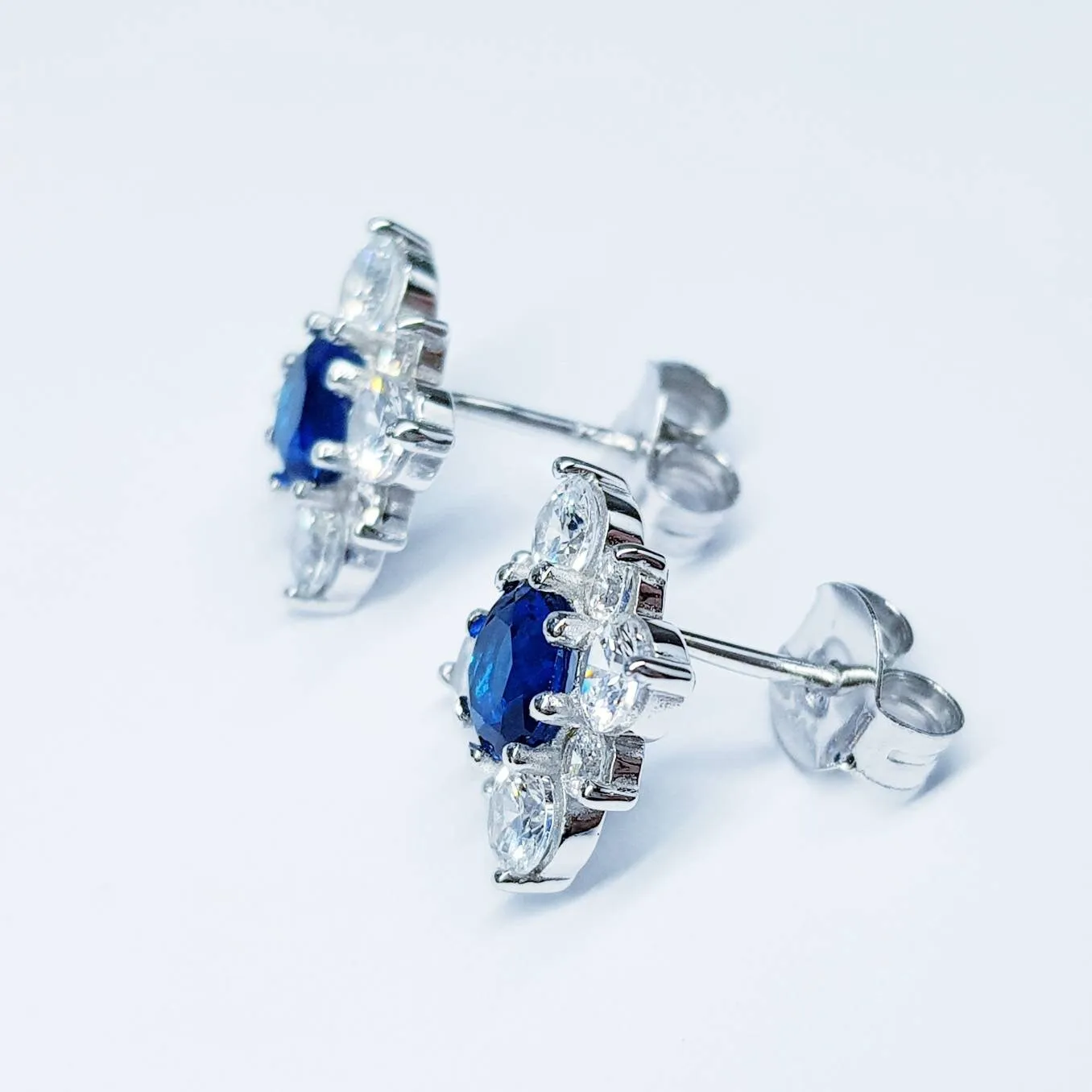 Sapphire blue earrings, sapphire stud earrings, september birthstone, vintage earrings, diamond halo earrings, square earrings