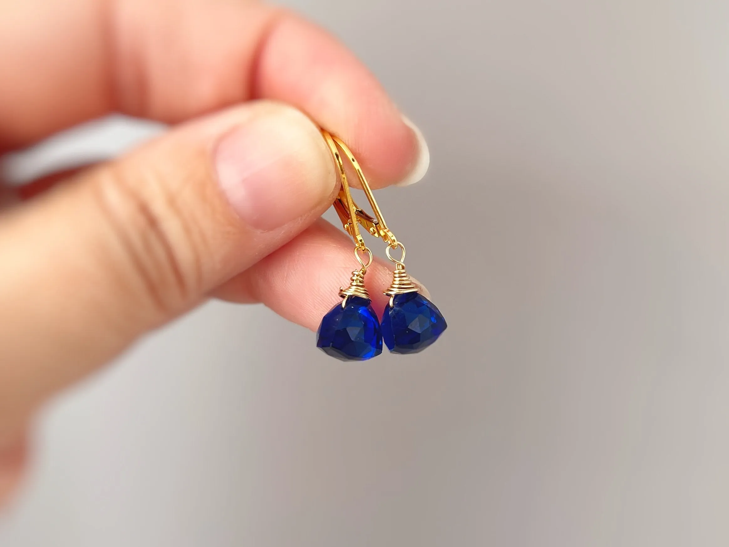 Sapphire Blue Quartz dangle earrings sterling silver, gold rose gold