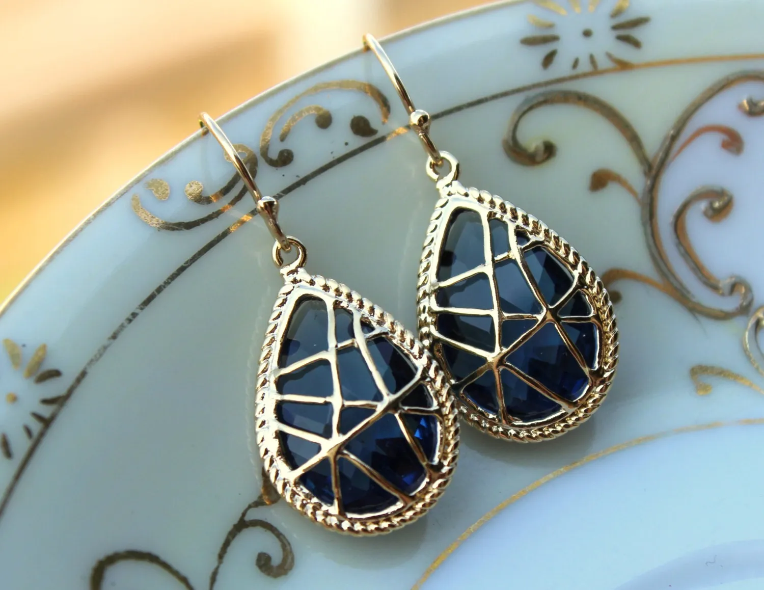 Sapphire Earrings Navy Blue Gold Teardrop Jewelry Navy Bridesmaid Earrings - Bridal Earrings - Wedding Earrings - Sapphire Wedding Jewelry