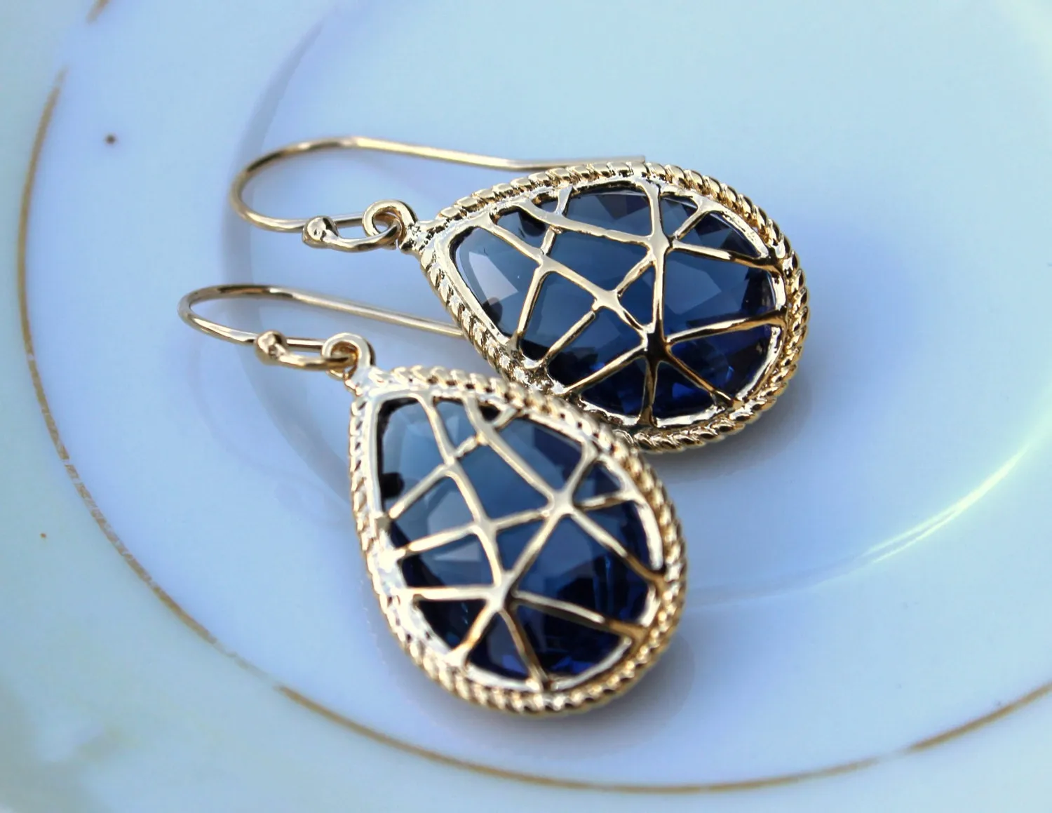 Sapphire Earrings Navy Blue Gold Teardrop Jewelry Navy Bridesmaid Earrings - Bridal Earrings - Wedding Earrings - Sapphire Wedding Jewelry