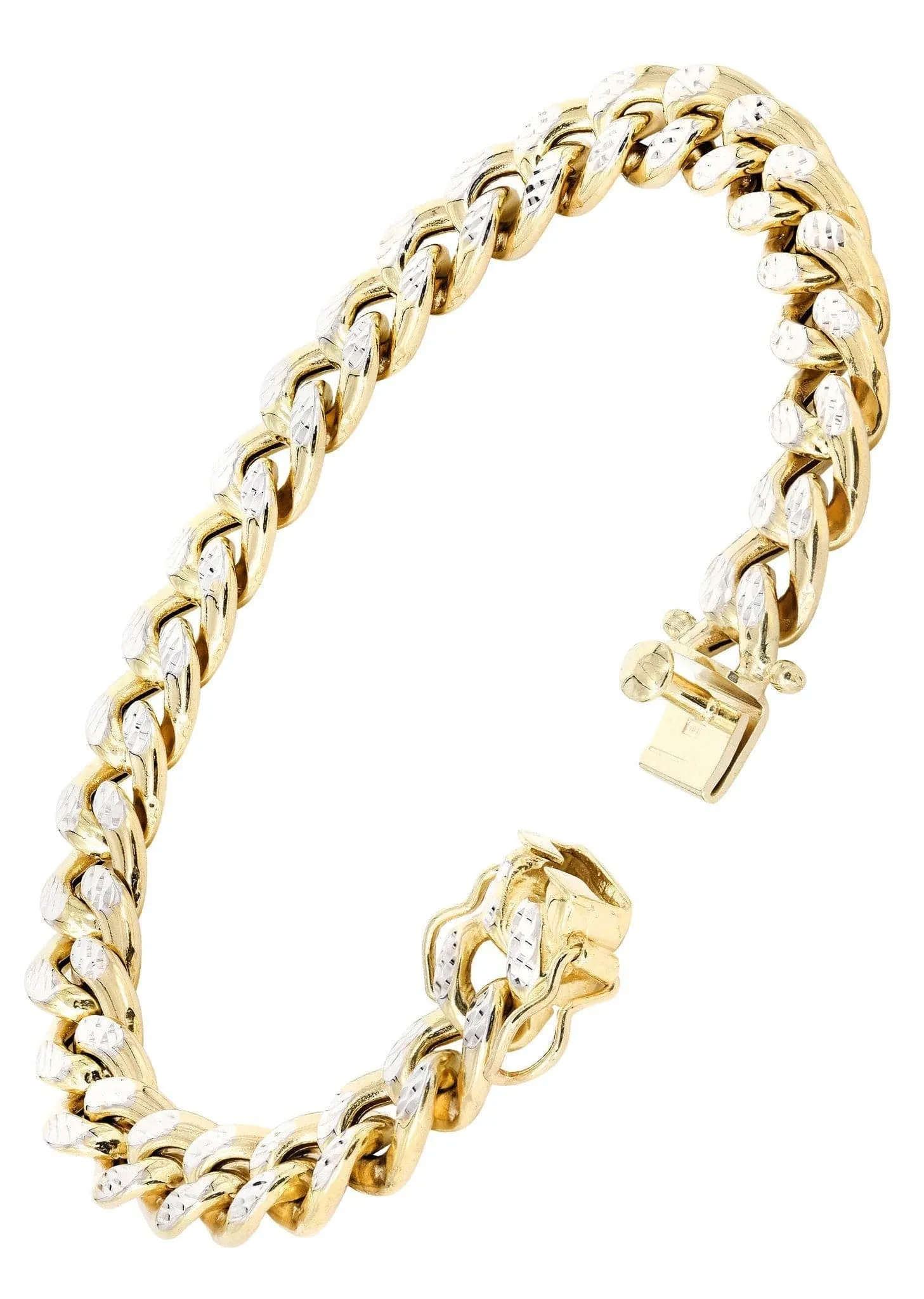 Semi Solid  Mens Diamond Cut Miami Cuban Link Bracelet 10K/14K Gold