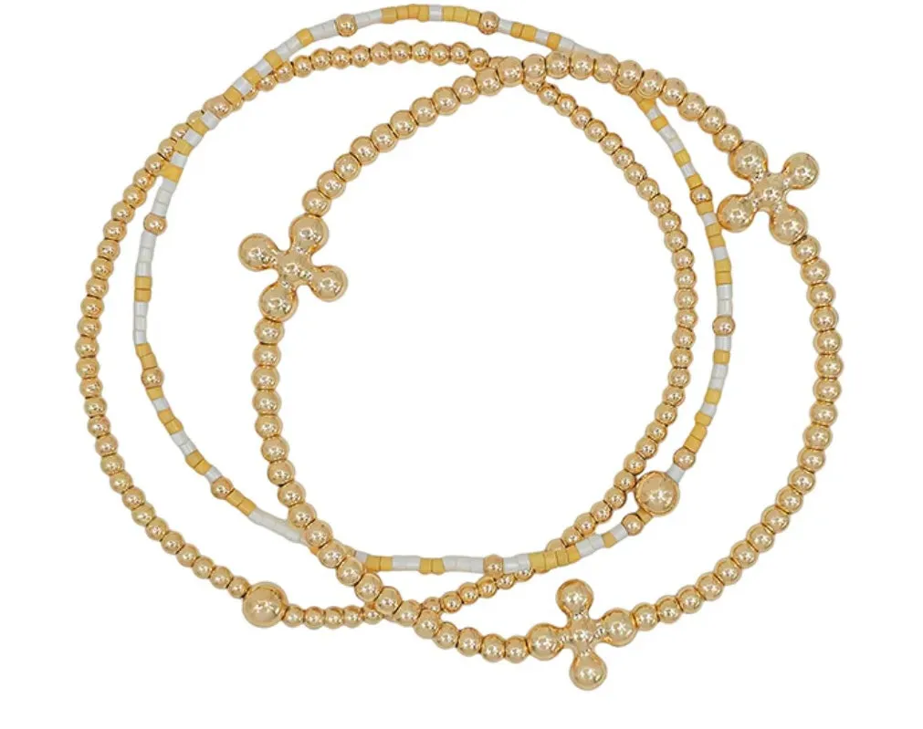 Set of Three Gold Cross and White Small Beaded Stretch Bracelets